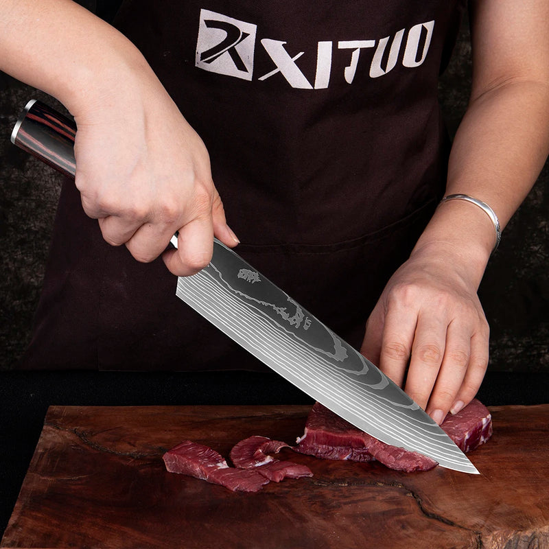 XITUO-Laser Damasco Padrão Facas de Cozinha Set, Faca Chef, Ultra-Sharp, Santoku, Cutelo, Corte, Utilidade, Fruta, 1-10pcs