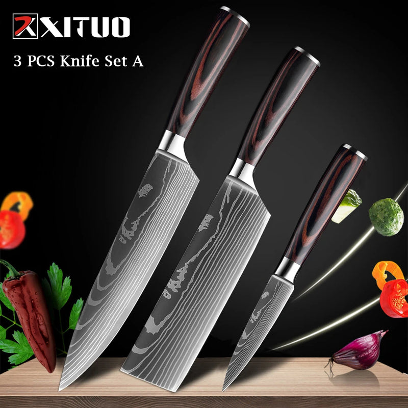 XITUO-Laser Damasco Padrão Facas de Cozinha Set, Faca Chef, Ultra-Sharp, Santoku, Cutelo, Corte, Utilidade, Fruta, 1-10pcs