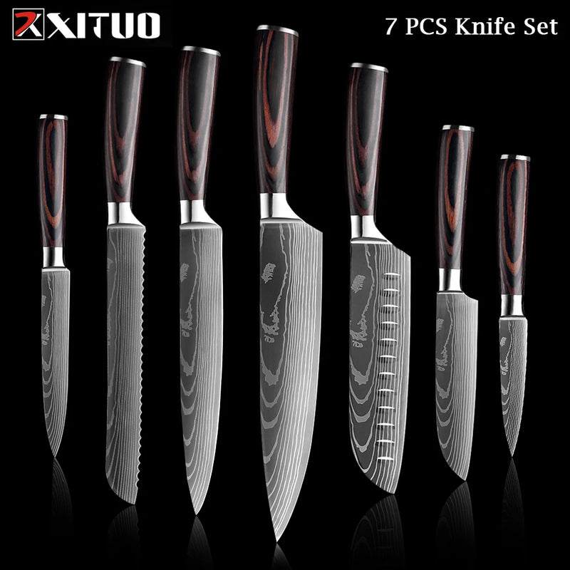 XITUO-Laser Damasco Padrão Facas de Cozinha Set, Faca Chef, Ultra-Sharp, Santoku, Cutelo, Corte, Utilidade, Fruta, 1-10pcs