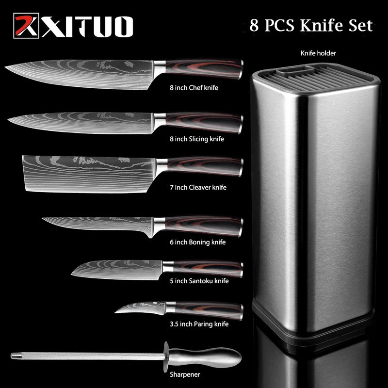 XITUO-Laser Damasco Padrão Facas de Cozinha Set, Faca Chef, Ultra-Sharp, Santoku, Cutelo, Corte, Utilidade, Fruta, 1-10pcs