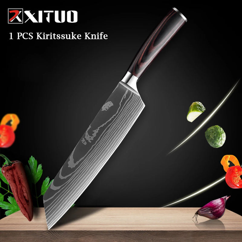 XITUO-Laser Damasco Padrão Facas de Cozinha Set, Faca Chef, Ultra-Sharp, Santoku, Cutelo, Corte, Utilidade, Fruta, 1-10pcs