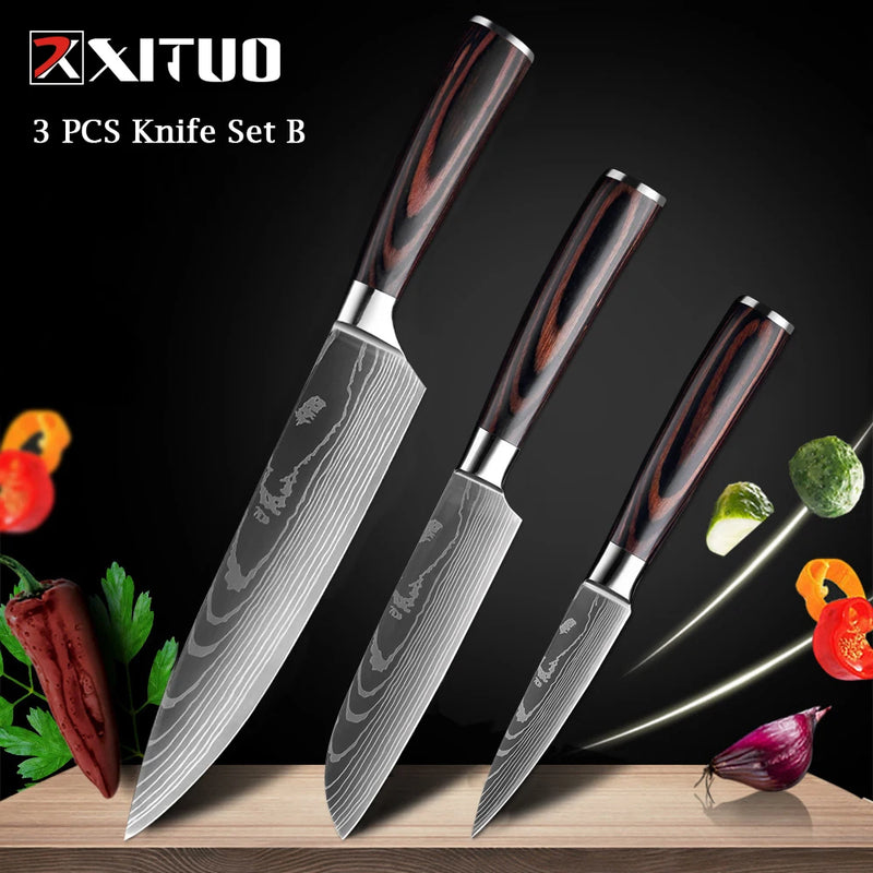 XITUO-Laser Damasco Padrão Facas de Cozinha Set, Faca Chef, Ultra-Sharp, Santoku, Cutelo, Corte, Utilidade, Fruta, 1-10pcs