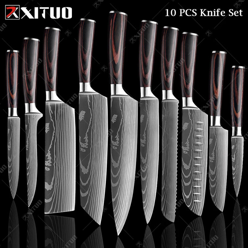 XITUO-Laser Damasco Padrão Facas de Cozinha Set, Faca Chef, Ultra-Sharp, Santoku, Cutelo, Corte, Utilidade, Fruta, 1-10pcs