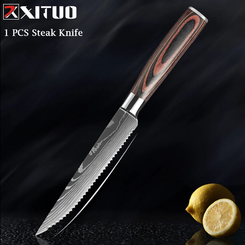 XITUO-Laser Damasco Padrão Facas de Cozinha Set, Faca Chef, Ultra-Sharp, Santoku, Cutelo, Corte, Utilidade, Fruta, 1-10pcs