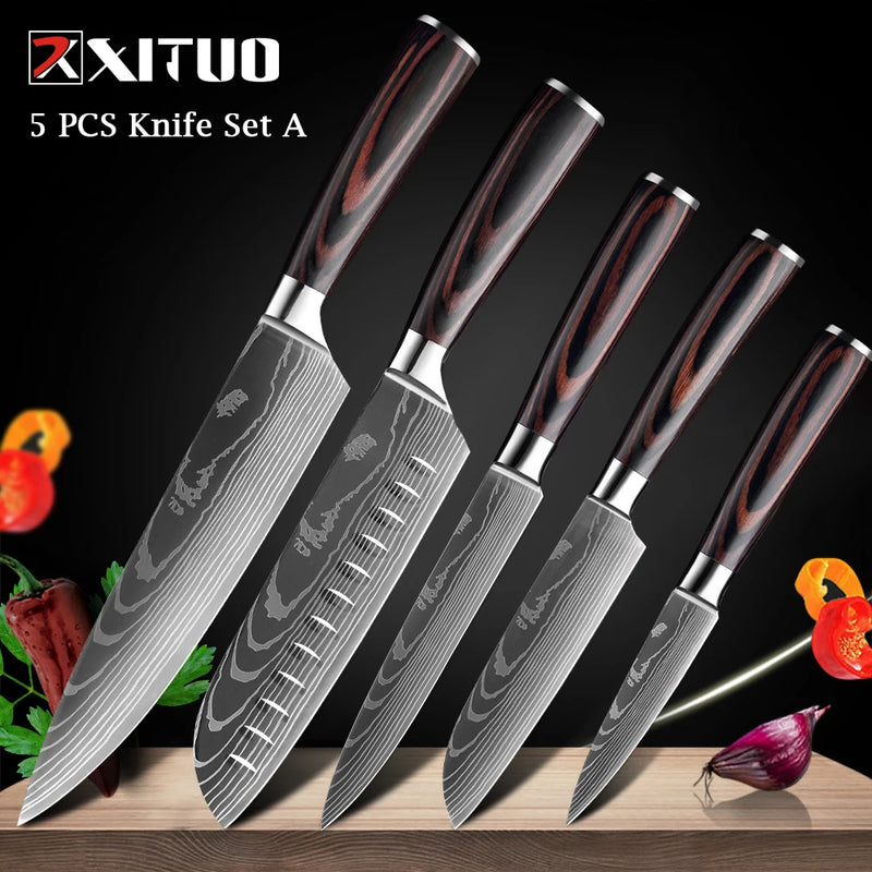 XITUO-Laser Damasco Padrão Facas de Cozinha Set, Faca Chef, Ultra-Sharp, Santoku, Cutelo, Corte, Utilidade, Fruta, 1-10pcs